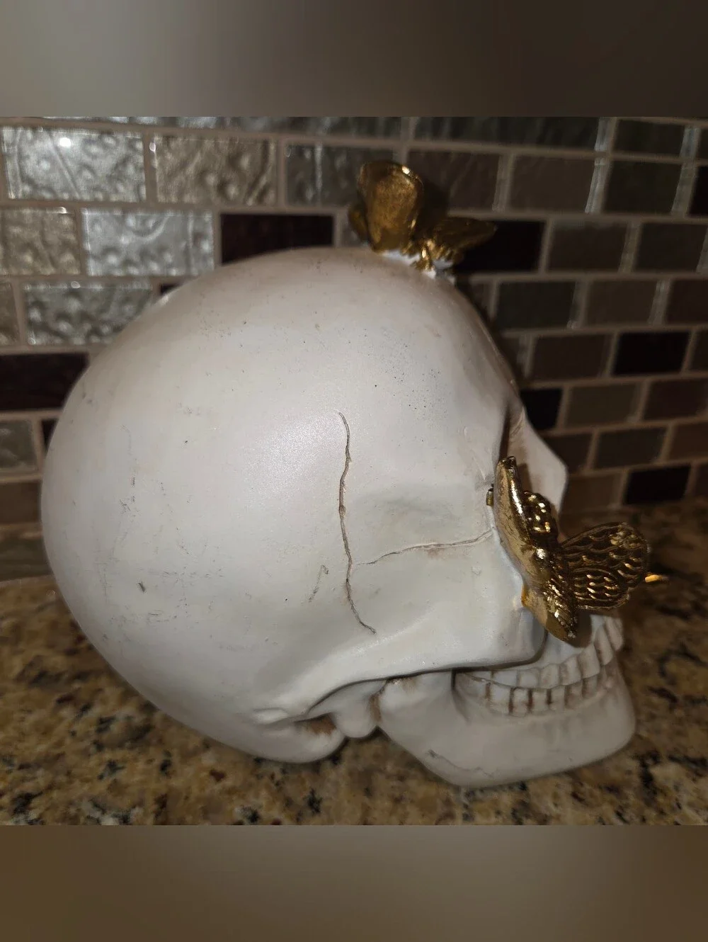 Decorative Resin Halloween Spooky White Skull with Gold Butterflies/moths
